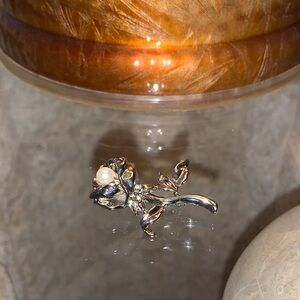 Silver Open Rose Brooch with Faux Pearl Accent